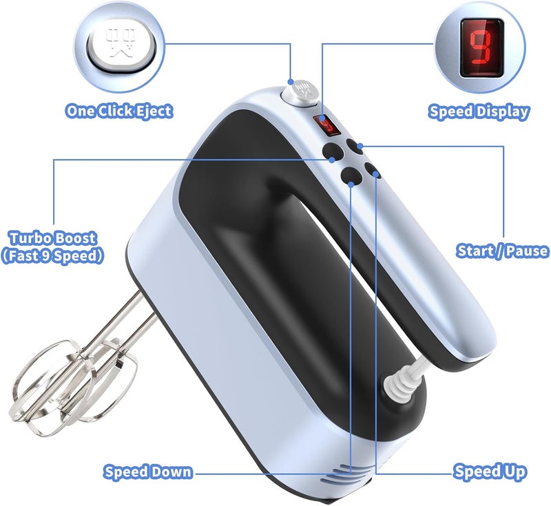 Yomelo 9-Speed Digital Hand Mixer Electric, 400W Powerful DC Motor, Hand Mixer Electric Handheld with Snap-On Storage Case, 5 Stainless Steel Accessories, Beaters, Dough Hooks, Whisk(Ocean Blue) - Image 2